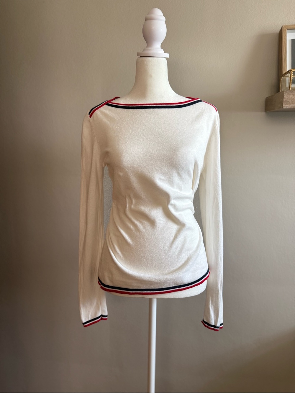 Tommy Hilfiger White Long-Sleeve Boatneck Top with Red & Navy Stripe Trim